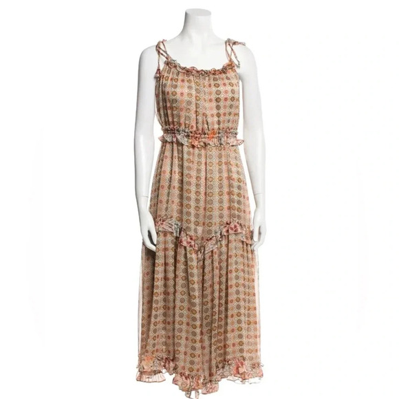 MISA Nita Midi Ruffle Dress in Flora Tile Mix Green and Pink Size S NWT - Picture 4 of 13